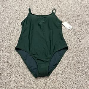NEW Quince Italian Cami One Piece Swimsuit L Dark Green Classic Beach Vacation